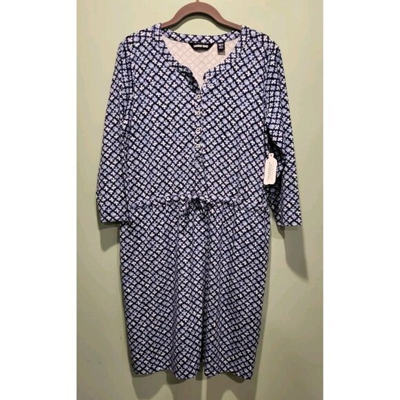 Lands' End Dresses & Skirts - New Lands End Blue Print 3/4 Sleeve 1/4 Button Tie Waist Dress Sz M Pockets